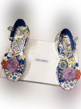 Dolce & Gabbana Multicolor Tile-Print Floral Appliqué Sandals with Blue Accents